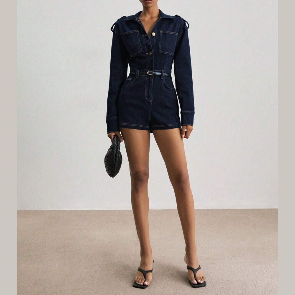 Dark Indigo Denim Long Sleeve Collared Romper with Epaulettes